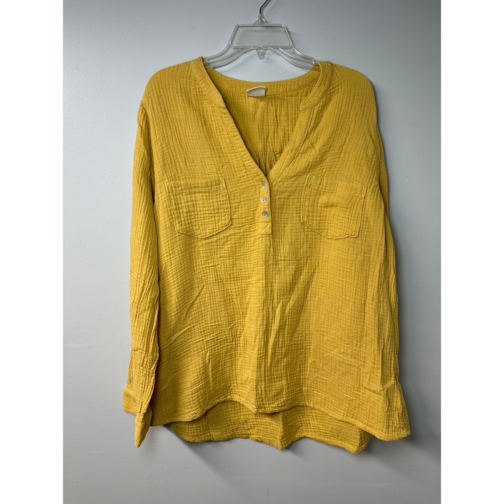 Mote | Mustard Yellow 100% Cotton V-Neck Blouse Top | Size XXL